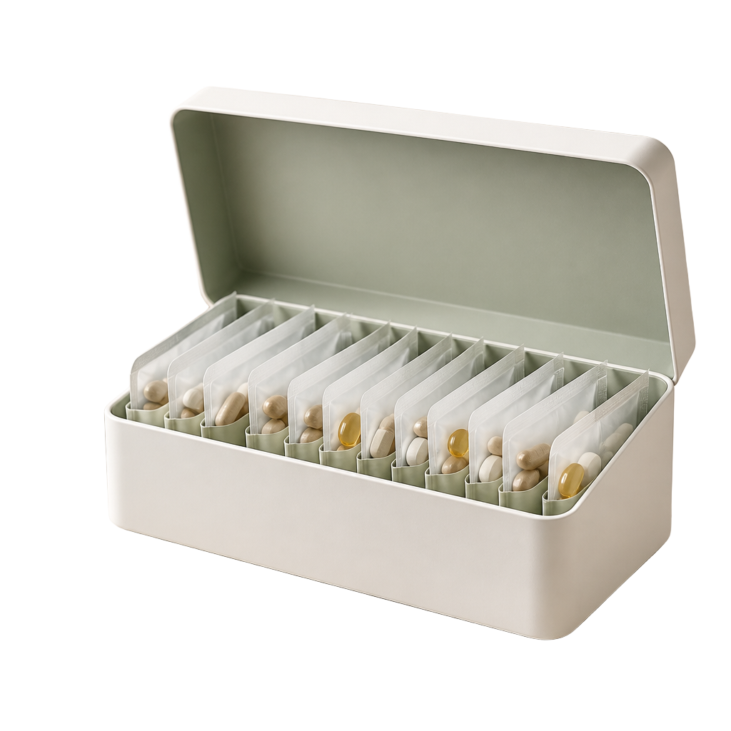 Found personalized daily medication kit with organized dose packets