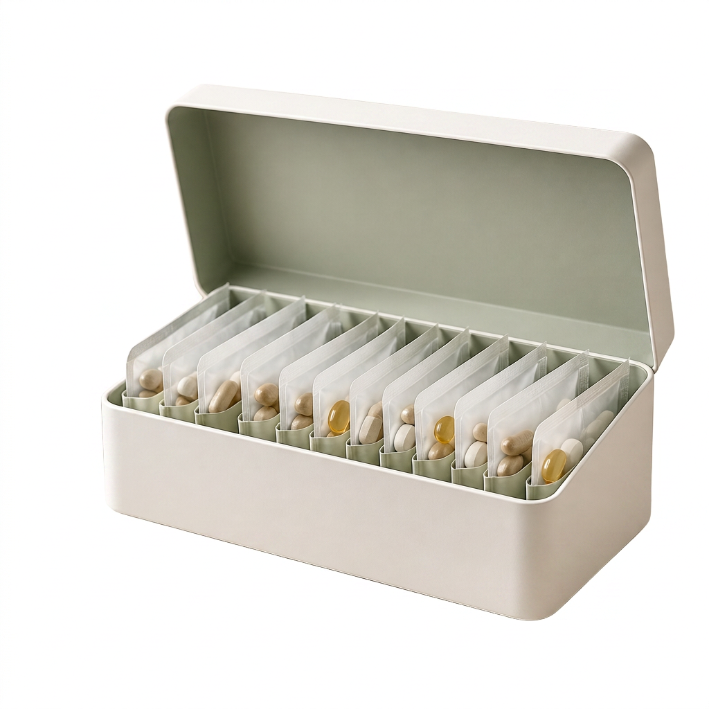 Found personalized daily medication kit with organized dose packets